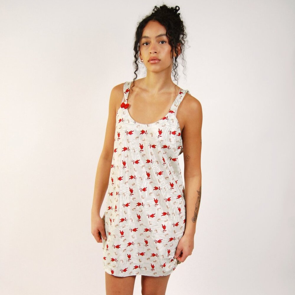 Satin Slip Dress (L) vintage y2k ivory floral print large glossy mini sundress